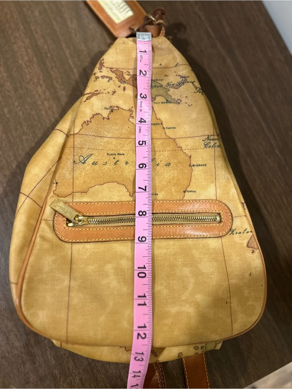 Alviero Martini 1A Classe Geo Map Sling Backpack Tan Coated Canvas Bag